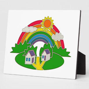 Cartoon rural scene with rainbow and country house plaque