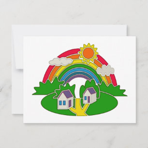 Cartoon rural scene with rainbow and country house RSVP card