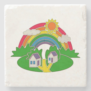 Cartoon rural scene with rainbow and country house stone coaster