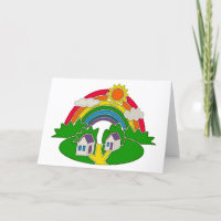 Cartoon rural scene with rainbow and country house