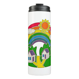 Cartoon rural scene with rainbow and country house thermal tumbler