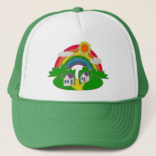 Cartoon rural scene with rainbow and country house trucker hat