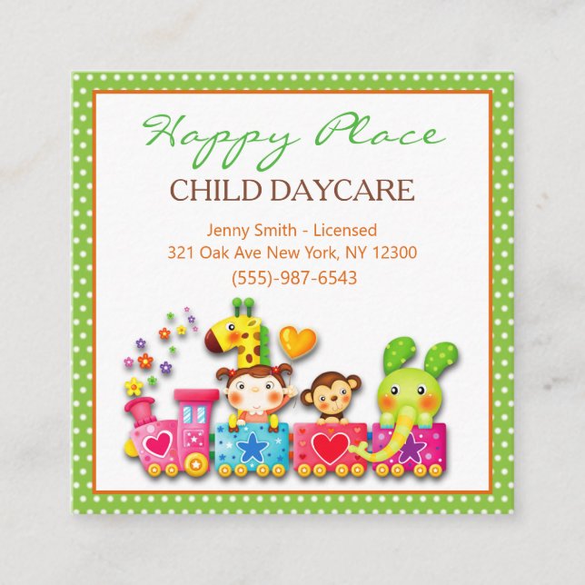 Cartoon Safari Animals on a Train Child Daycare Square Business Card (Front)