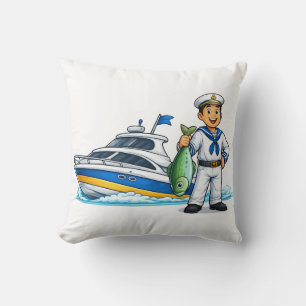 Cartoon Sailor with Yacht and Fish Nautical Art Cushion