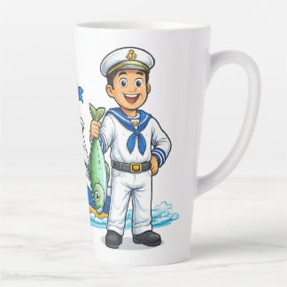 Cartoon Sailor with Yacht and Fish Nautical Art Latte Mug