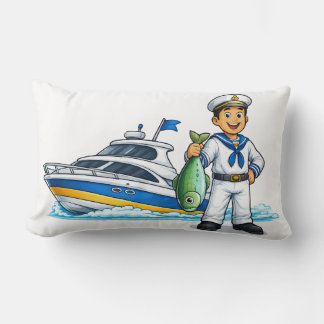 Cartoon Sailor with Yacht and Fish Nautical Art Lumbar Cushion