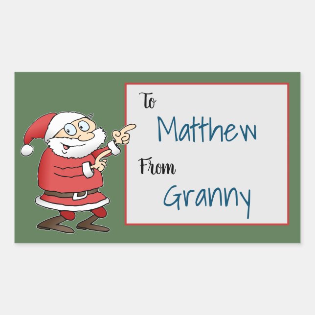 Cartoon Santa Claus Pointing On Recipent Name Rectangular Sticker (Front)