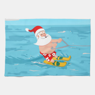 Cartoon Santa Claus water skiing Tea Towel