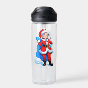 Cartoon Santa Girl in Red Coat with Cape and Boots Water Bottle