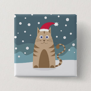 Cartoon santa kitten in snow forest 15 cm square badge
