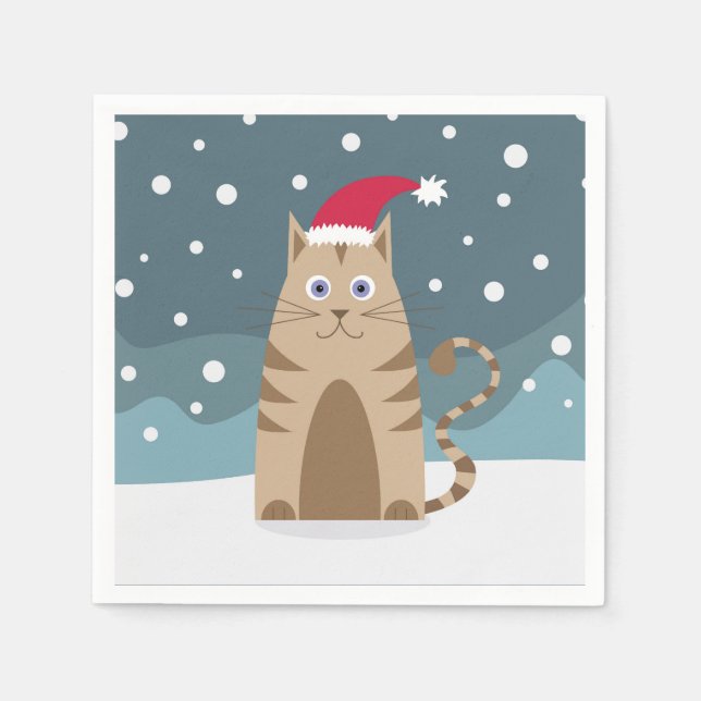 Cartoon santa kitten in snow forest  napkin (Front)