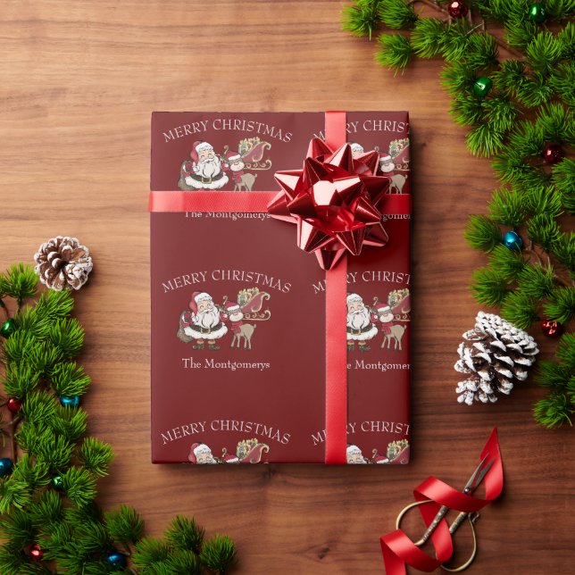 Cartoon Santa & Rudolph the Reindeer on Burgundy Wrapping Paper (Holiday Gift)