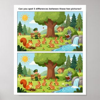 Cartoon Scene Spot the Difference Poster for Kids 