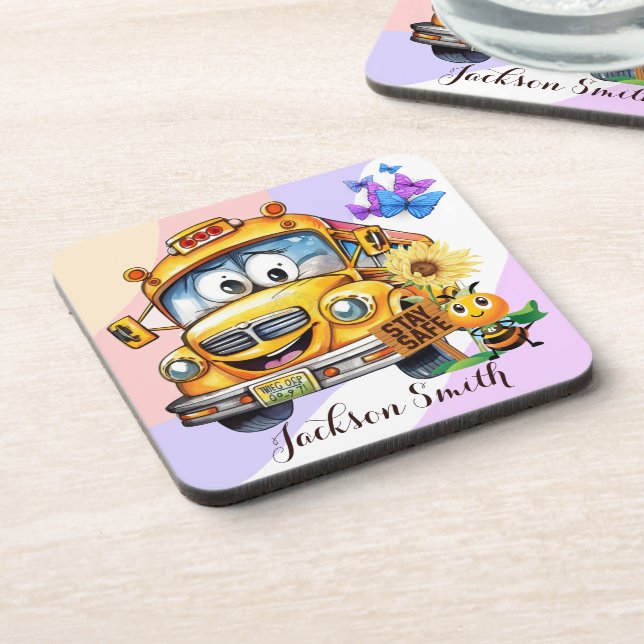 Cartoon School Bus Driver Stay Safe Personalised Coaster (Left Side)