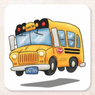 Cartoon School Bus Square Paper Coaster