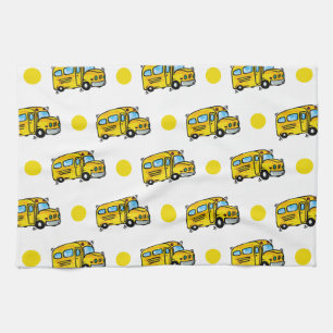 Cartoon School Bus, Yellow & White Polka Dots Tea Towel