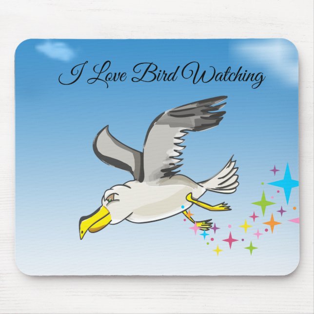 Cartoon seagull flying over head with a blue sky mouse pad (Front)
