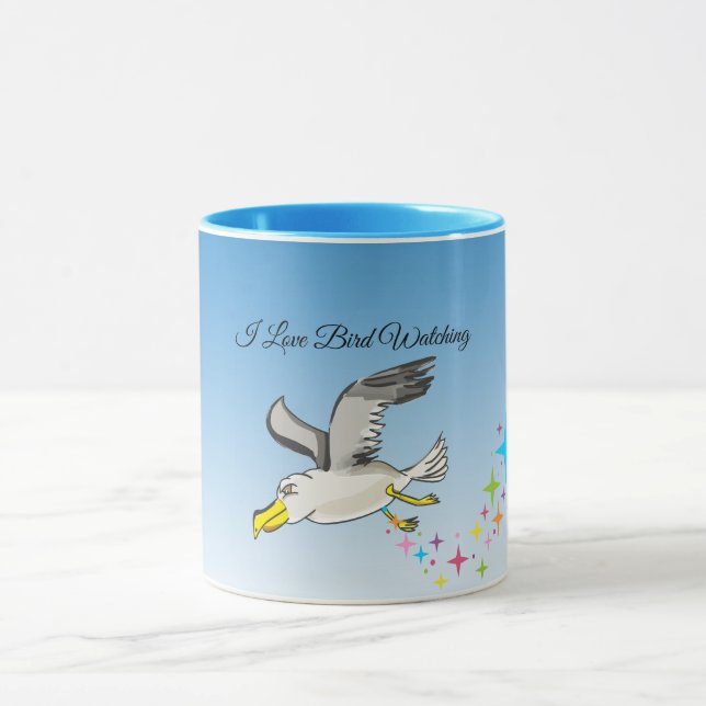 Cartoon seagull flying over head with a blue sky mug (Center)