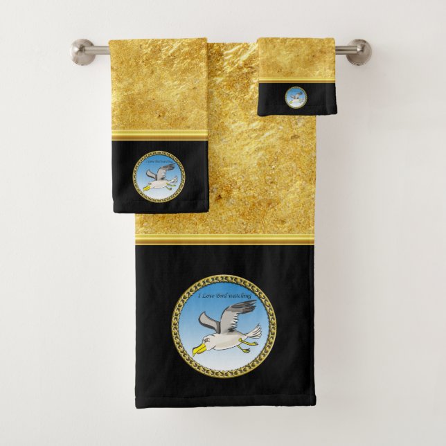 Cartoon seagull flying over head with a gold frame bath towel set (Insitu)