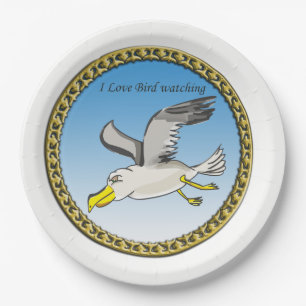 Cartoon seagull flying over head with a gold frame paper plate