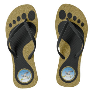 Cartoon seagull flying over head with gold texture jandals