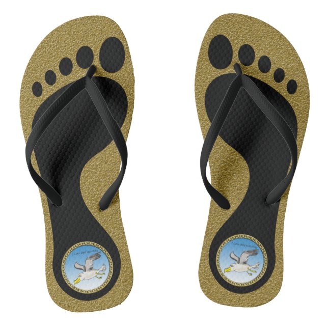 Cartoon seagull flying over head with gold texture jandals (Footbed)