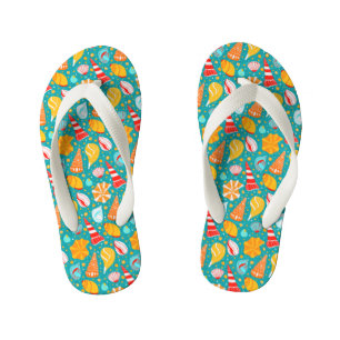 Cartoon seashells with sand and doodle ornament kid's jandals