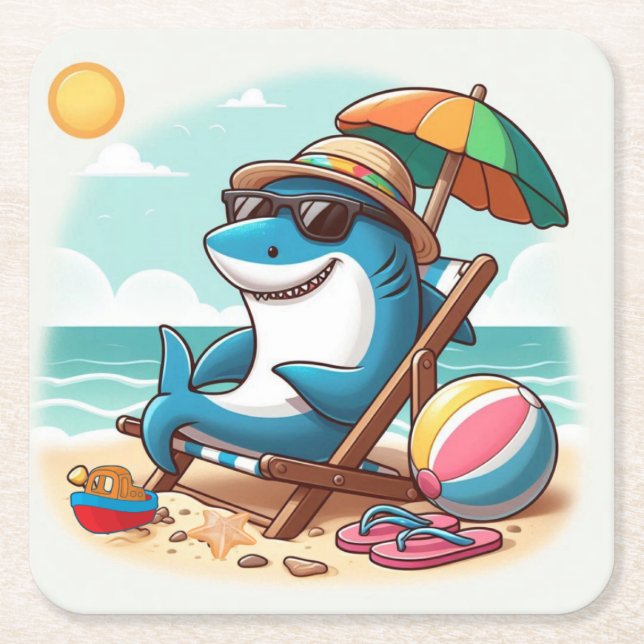 Cartoon shark at the beach square paper coaster (Front)