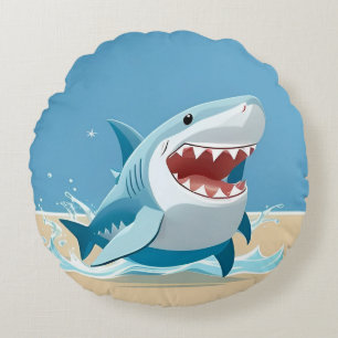Cartoon Shark Swimming Underwater Round Cushion