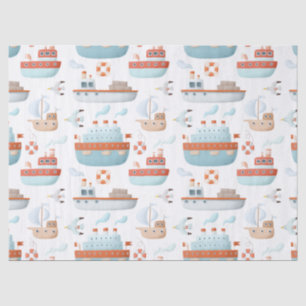 Cartoon Ships and Birds on White Decoupage Tissue Paper