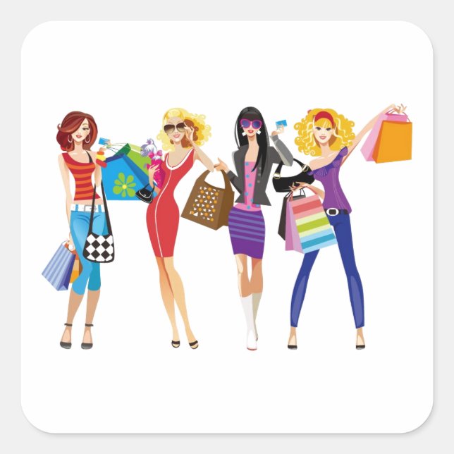 CARTOON SHOPPING GIRLS VECTORS FASHION STYLE FUN F SQUARE STICKER (Front)