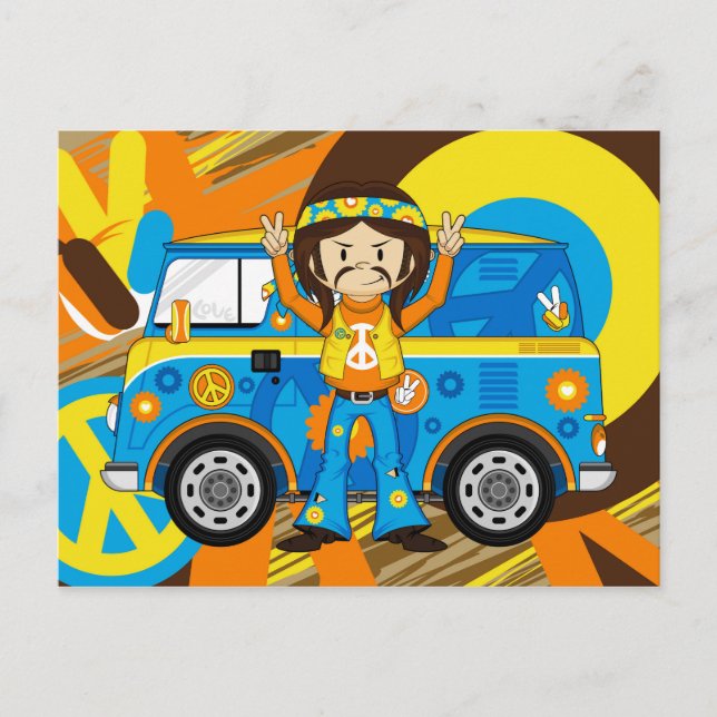 Cartoon Sixties Peace Hippie Postcard (Front)
