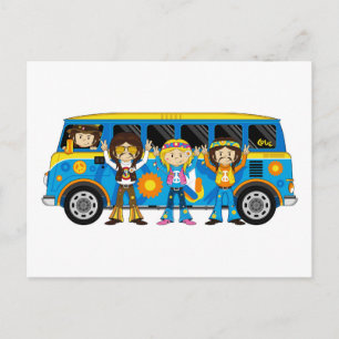 Cartoon Sixties Peace Hippie Van Postcard