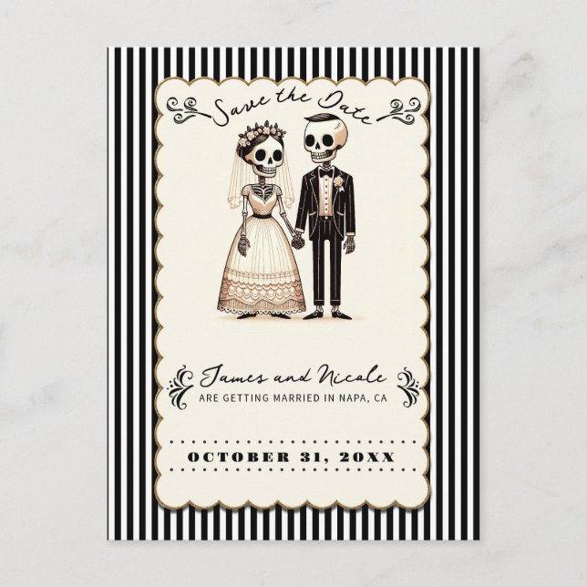 Cartoon Skeleton Bride + Groom Save the Date  Announcement Postcard (Front)