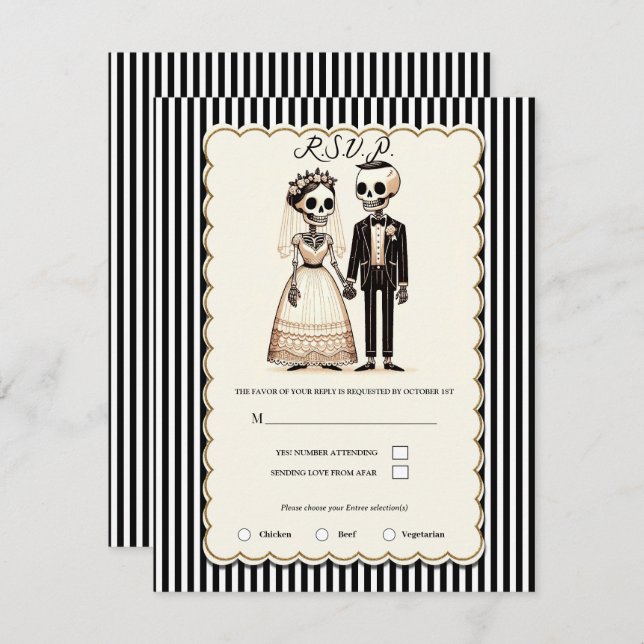 Cartoon Skeleton Bride + Groom Wedding RSVP Invitation (Front/Back)