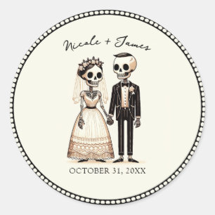 Cartoon Skeleton Bride + Groom Whimsical Wedding Classic Round Sticker