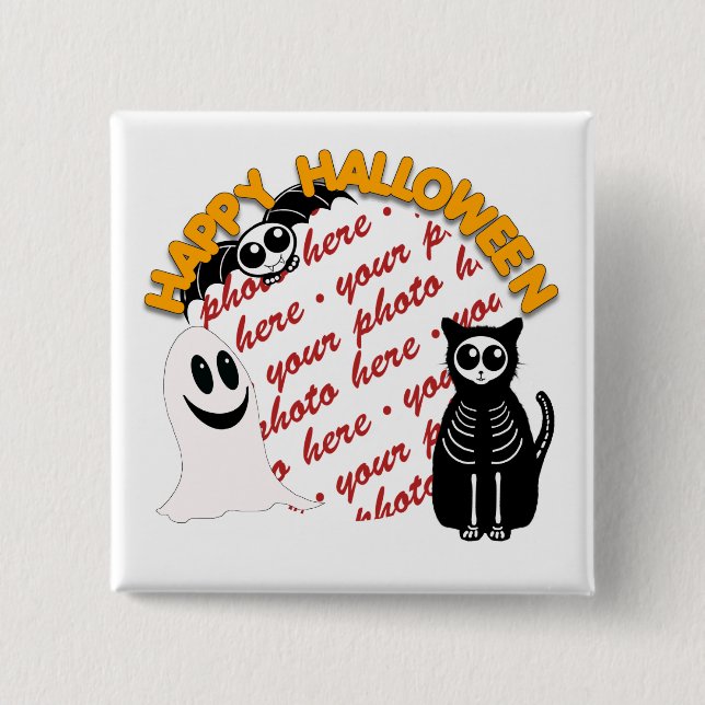 Cartoon Skeleton Cat, Bat & Ghost Photo Frame 15 Cm Square Badge (Front)