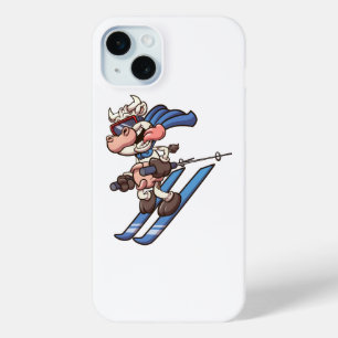 cartoon skiing super cow with tongue out iPhone 15 mini case