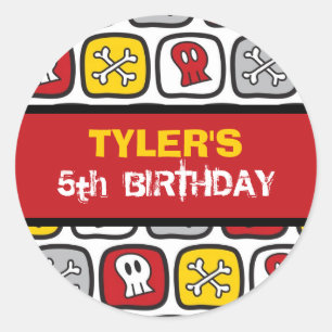 Cartoon Skulls & Bones Pirate Boy Birthday Party Classic Round Sticker