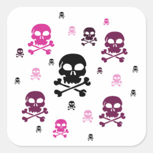 Cartoon Skulls Collage - Pink Square Sticker