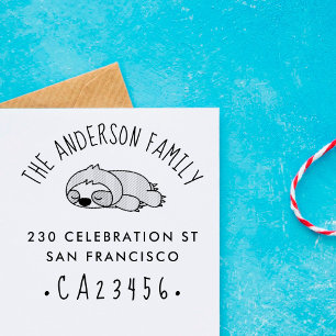 Cartoon Sloth   Custom Family Name Return Address Rubber Stamp