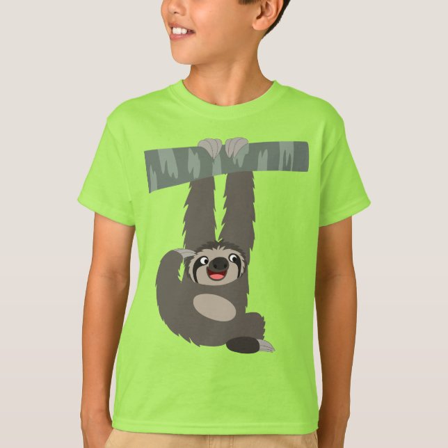 Cartoon Sloth Dangling From a Branch Kids T-Shirt (Front)