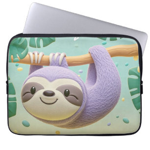 Cartoon sloth hanging on tree branch laptop sleeve