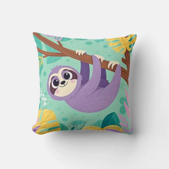 Cartoon sloth hanging upside-down from a branch cushion (Front)