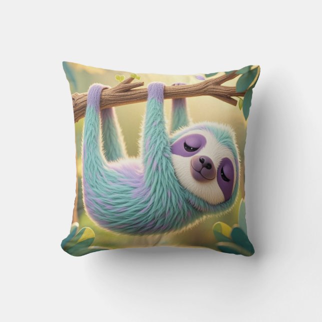 Cartoon sloth hanging upside-down from a branch  cushion (Front)