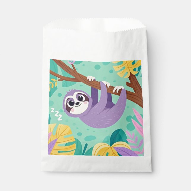 Cartoon sloth hanging upside-down from a branch favour bags (Front)