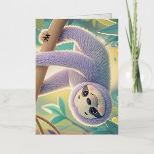 Cartoon sloth hanging upside-down from a branch foil greeting card
