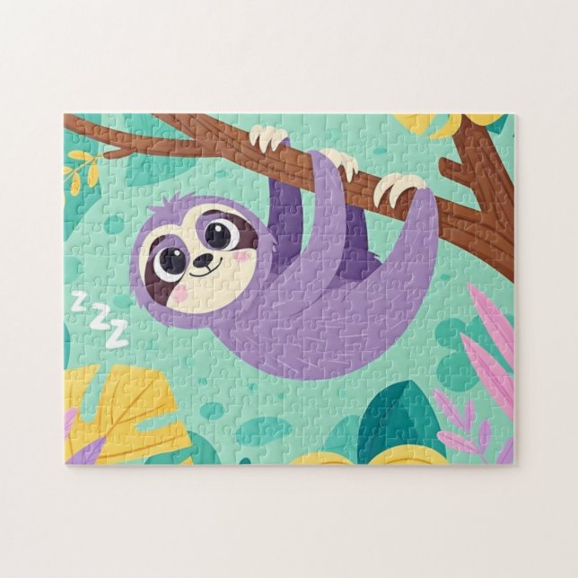 Cartoon sloth hanging upside-down from a branch jigsaw puzzle (Horizontal)
