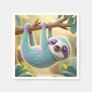 Cartoon sloth hanging upside-down from a branch napkin