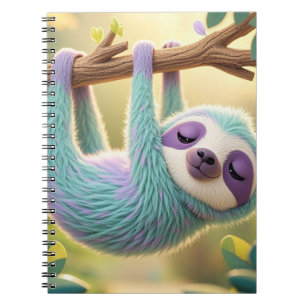 Cartoon sloth hanging upside-down from a branch notebook